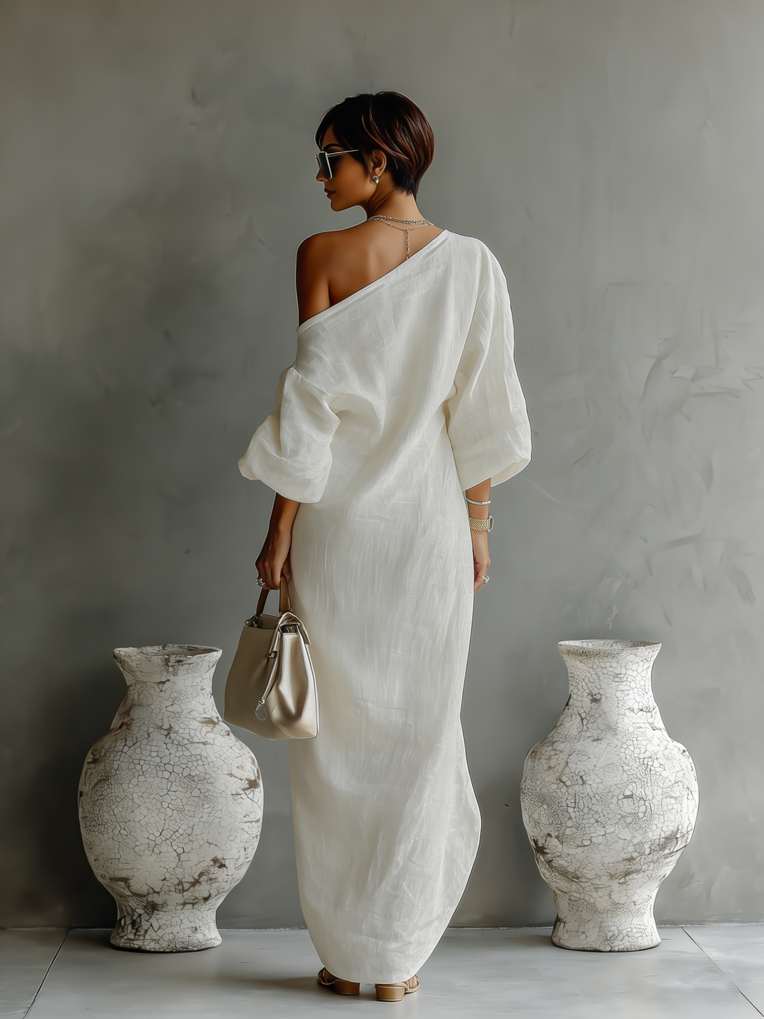 Off-Shoulder Ivory Linen Dress