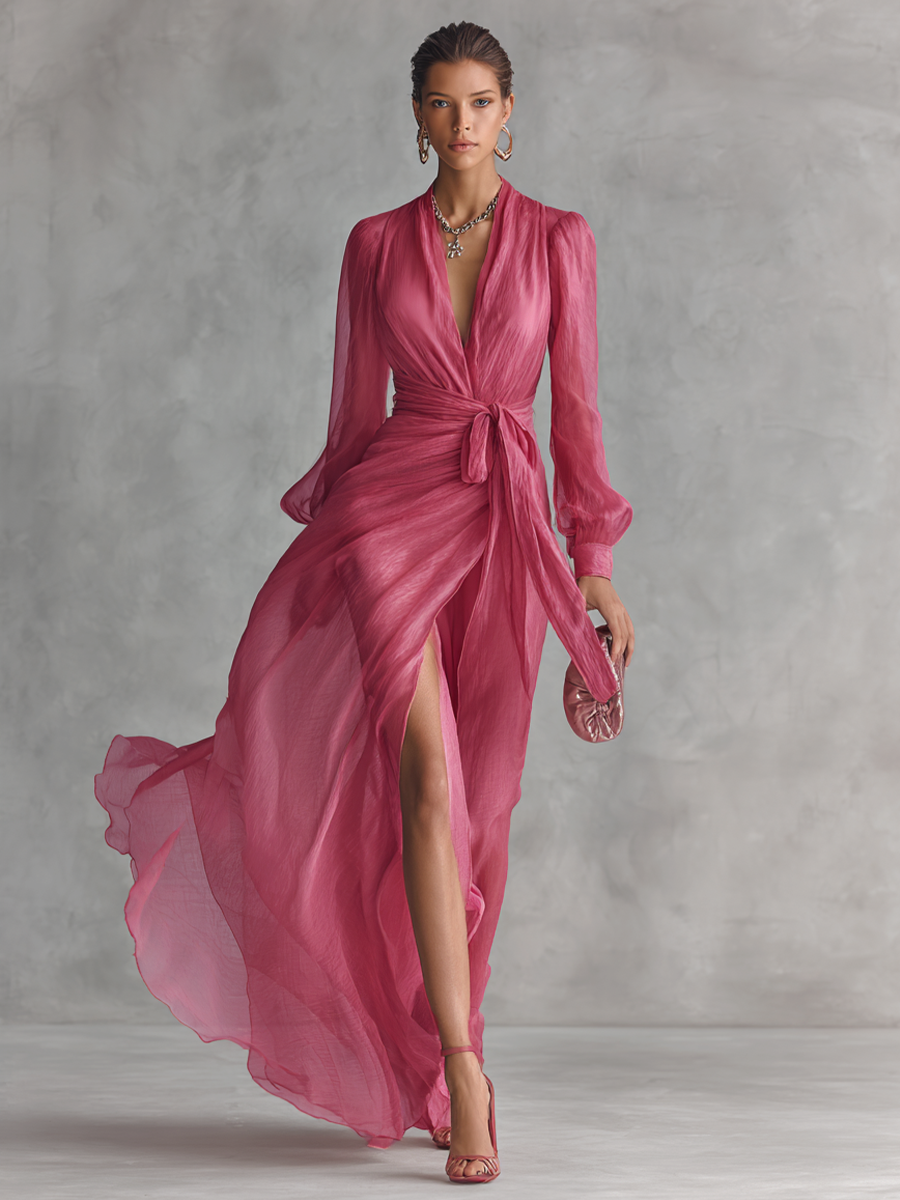 V-Neck Pink Chiffon Dress