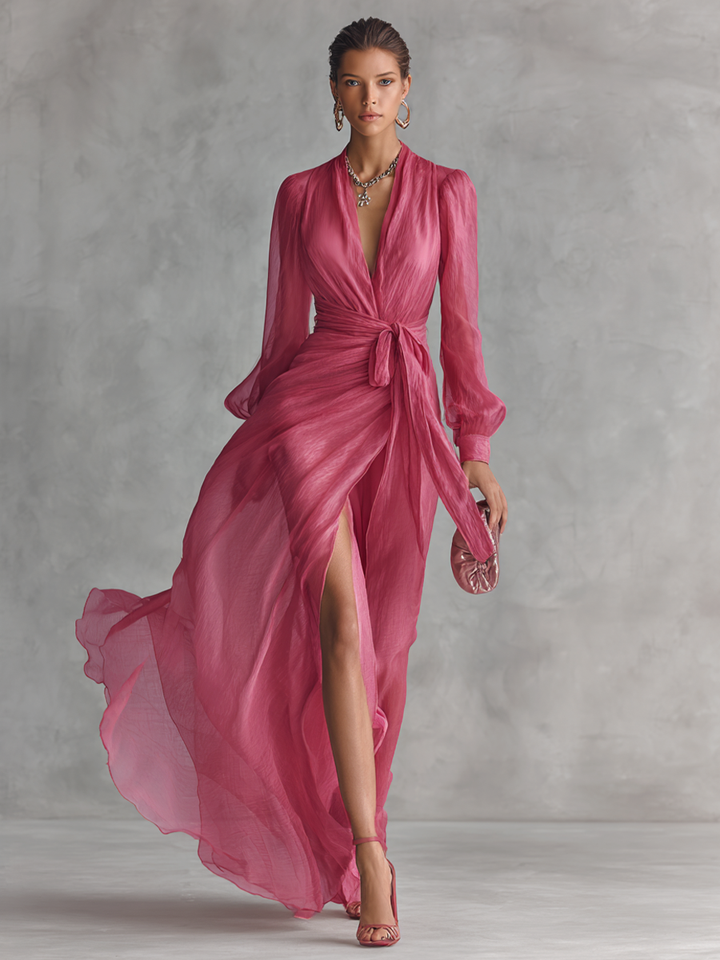 V-Neck Pink Chiffon Dress