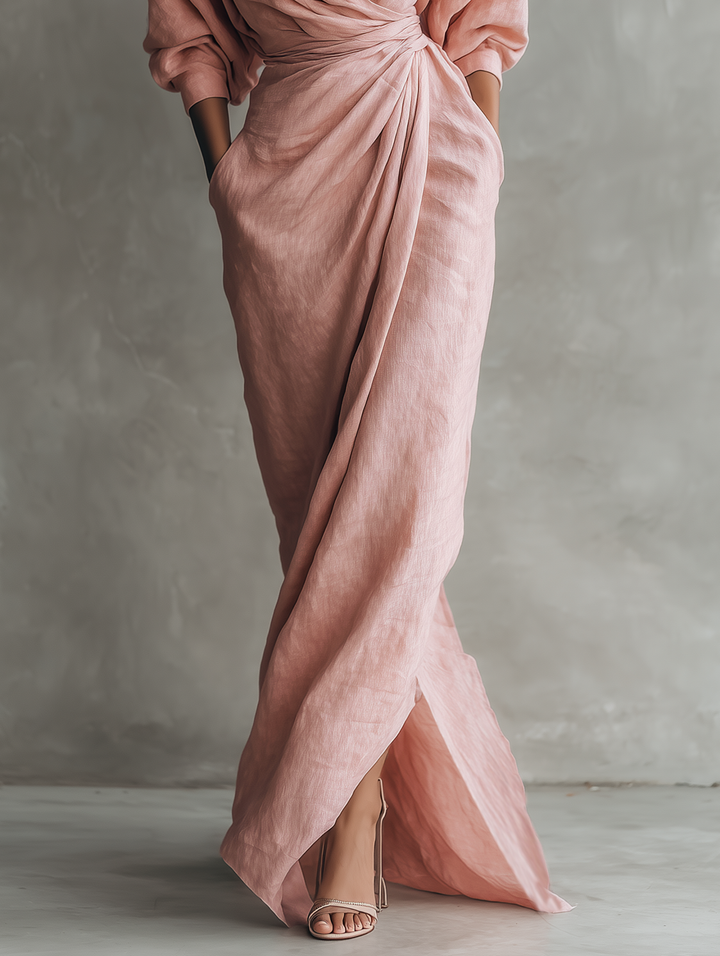 V-Neck Pink Linen Maxi Dress