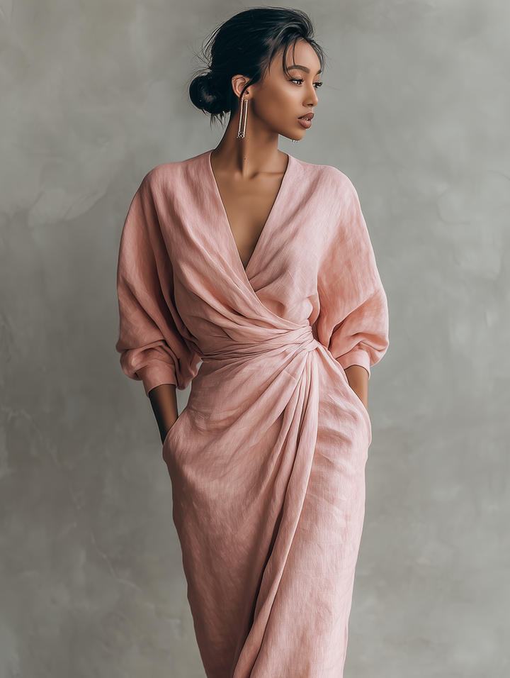 V-Neck Pink Linen Maxi Dress