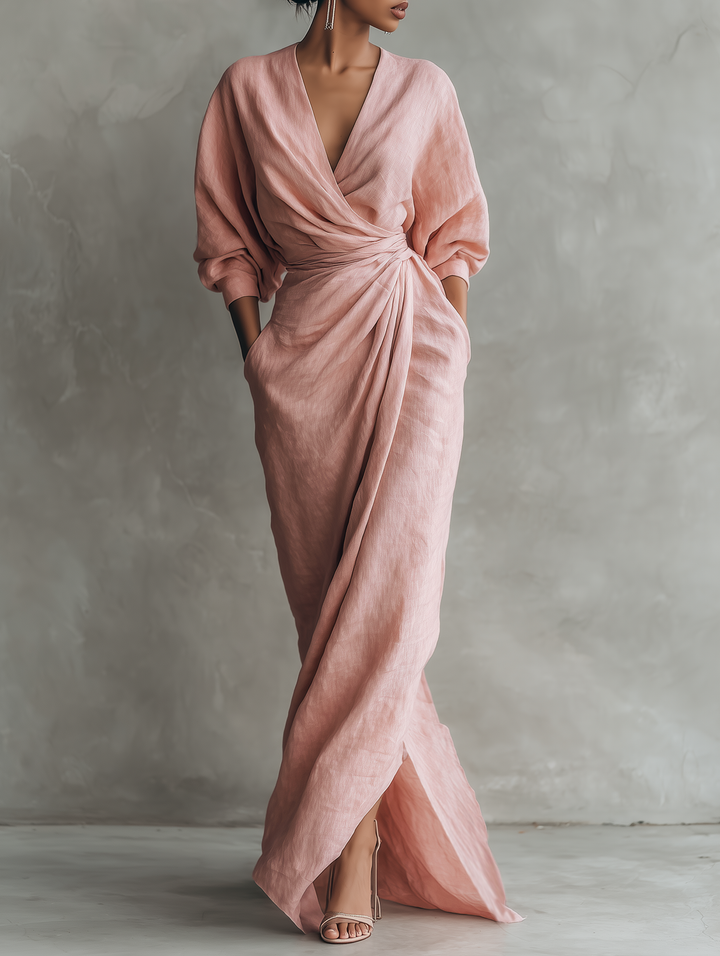 V-Neck Pink Linen Maxi Dress
