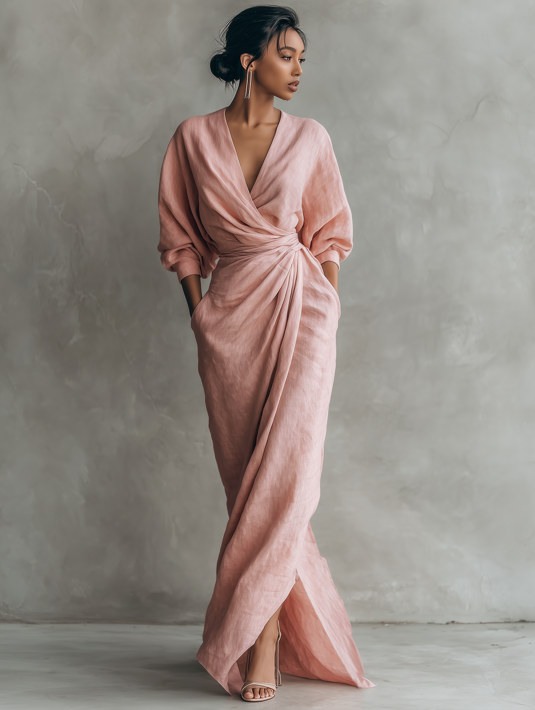 V-Neck Pink Linen Maxi Dress