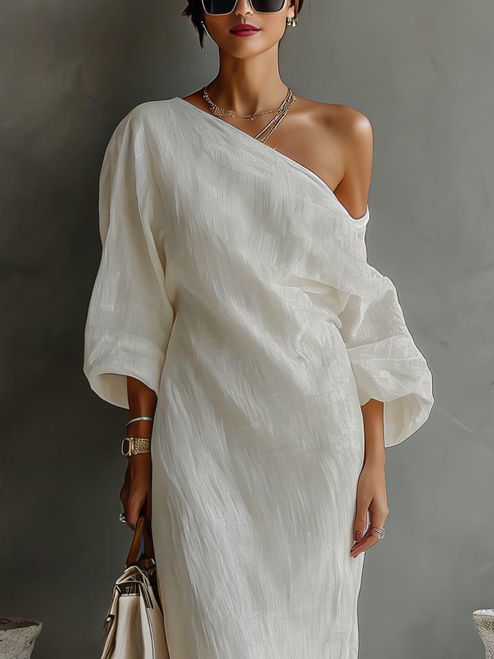 Off-Shoulder Ivory Linen Dress