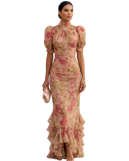 Rosario | Floral Print Long Chiffon Dress