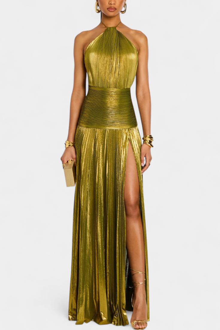 Emma | Metallic Halter Dress with Open Back Design