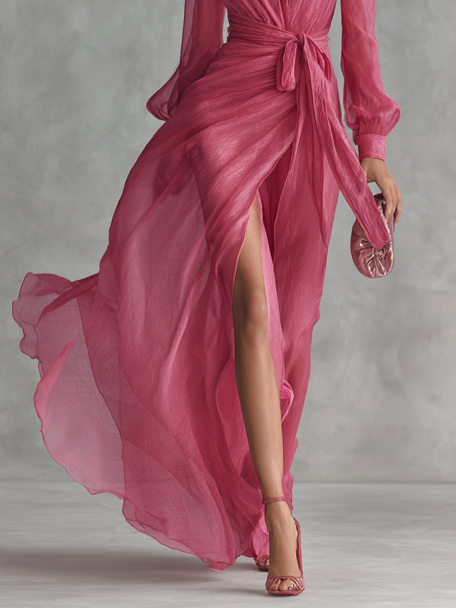 V-Neck Pink Chiffon Dress