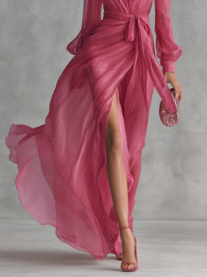 V-Neck Pink Chiffon Dress