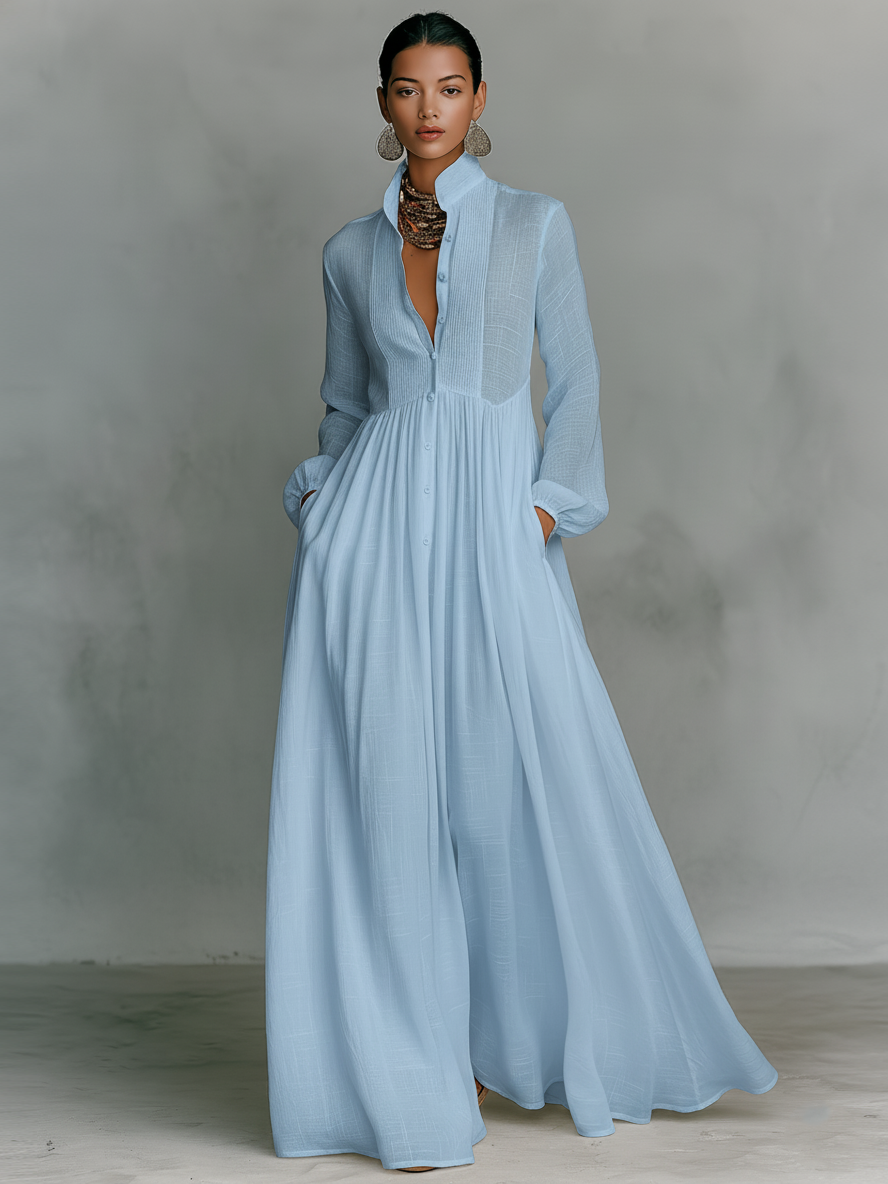 Stand Collar Patchwork Linen Maxi Dress