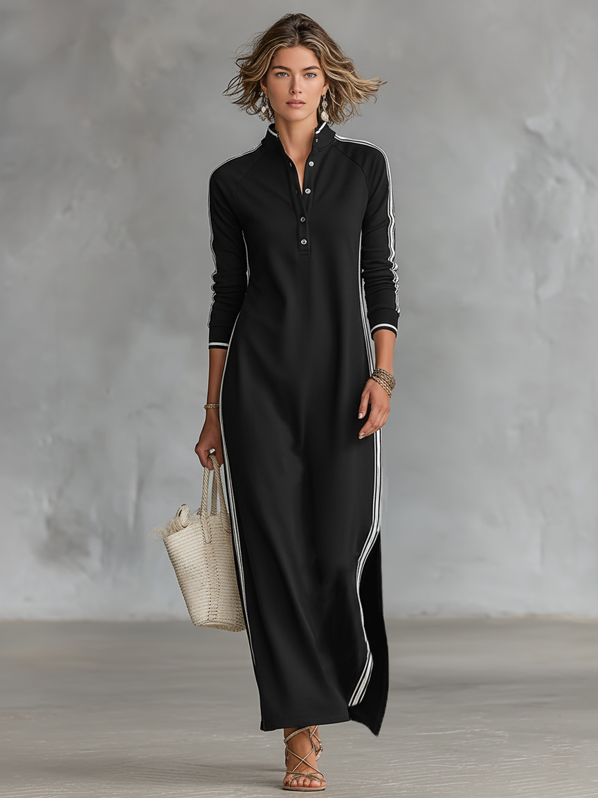 Button-Collared Maxi Dress in Sweat Fabric