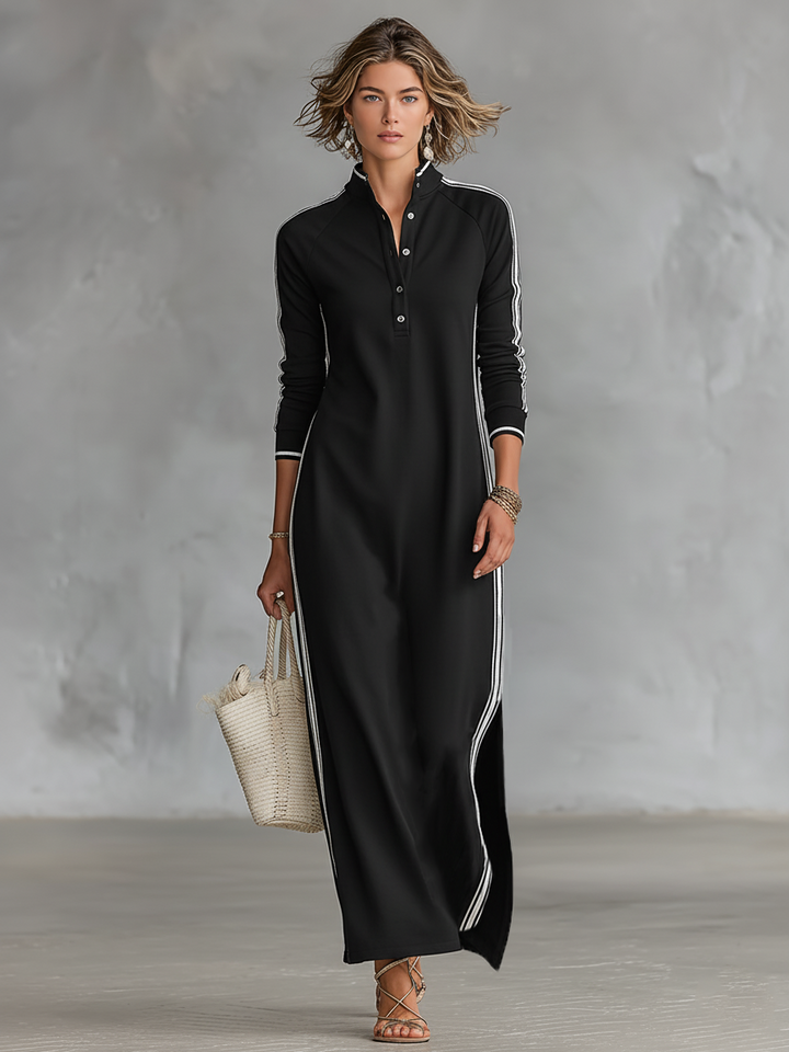 Button-Collared Maxi Dress in Sweat Fabric