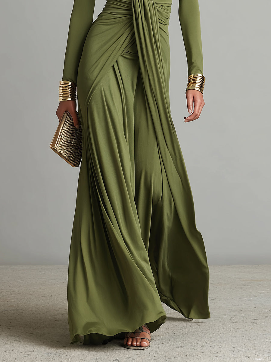 V-Neck Olive Silk Maxi Dress