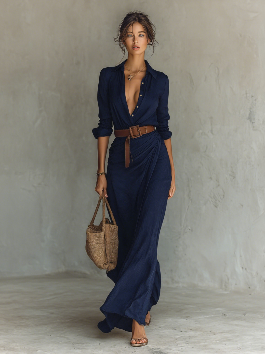 Long Sleeve Maxi Dress with Notched Collar