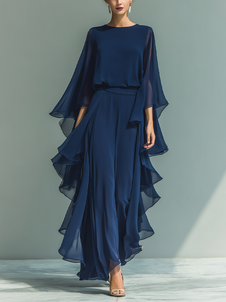Navy Blue Ruffled Chiffon Ensemble