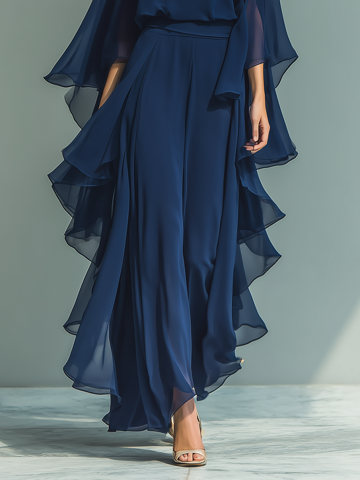 Navy Blue Ruffled Chiffon Ensemble