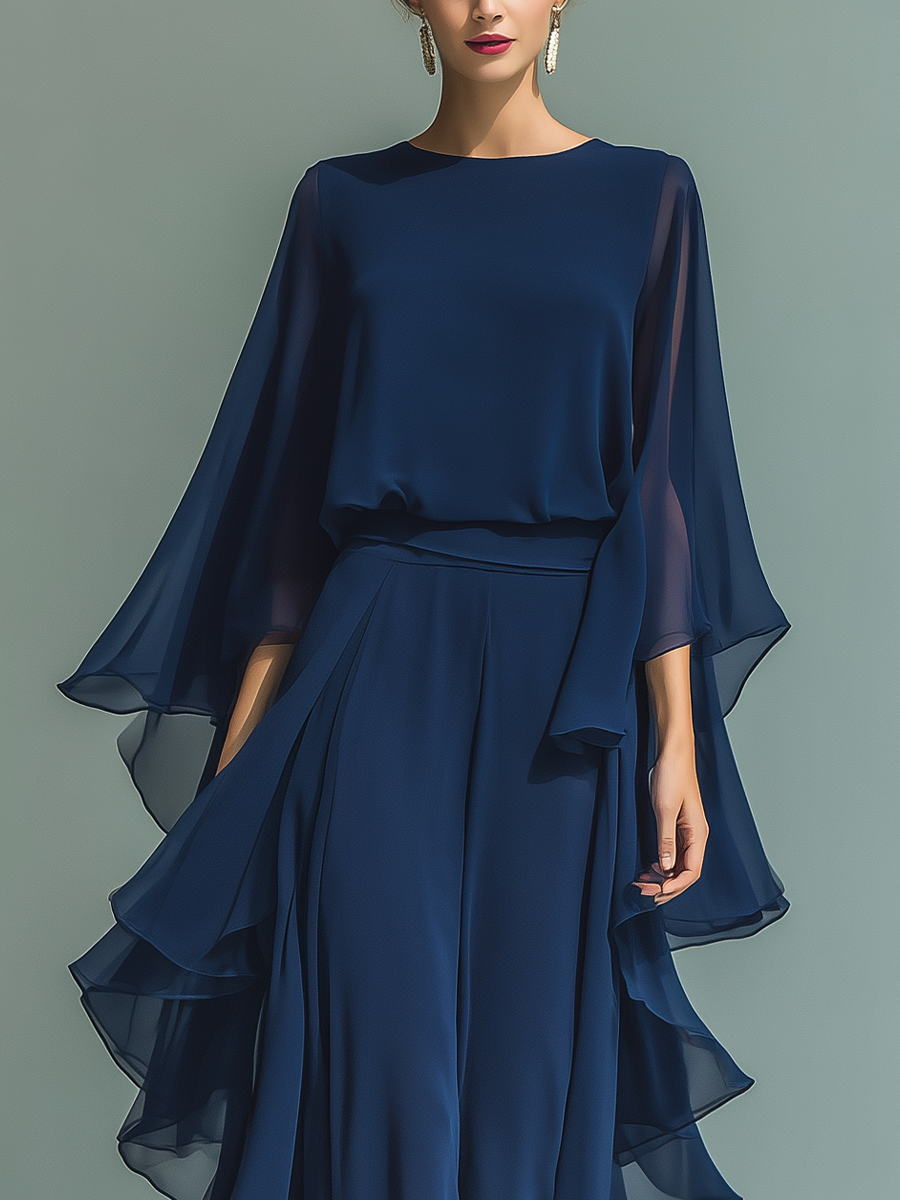 Navy Blue Ruffled Chiffon Ensemble