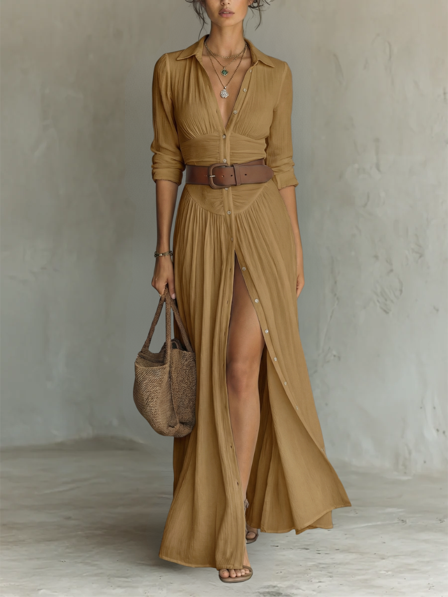 Long Sleeve Linen Maxi Dress with Notched Collar
