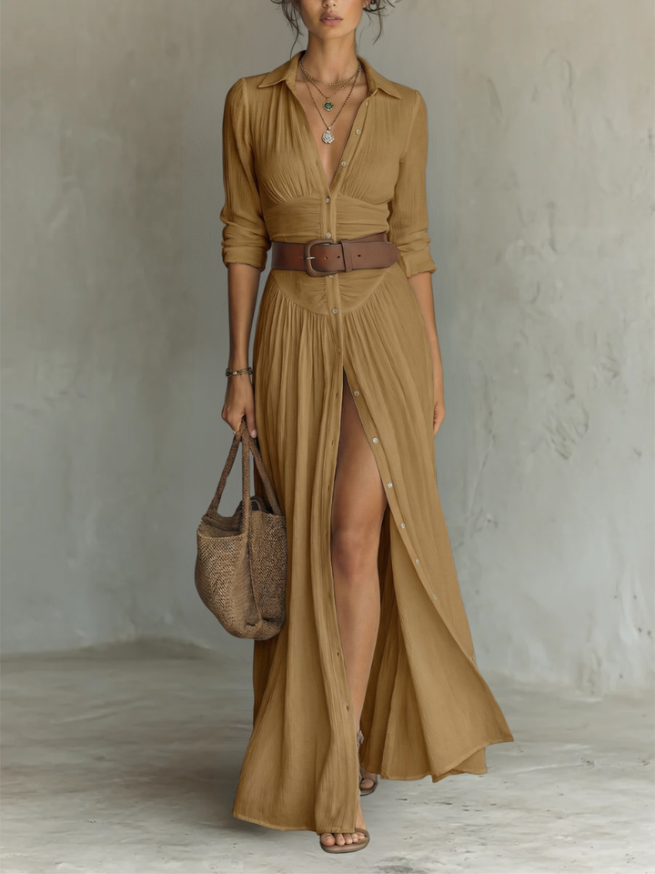 Long Sleeve Linen Maxi Dress with Notched Collar