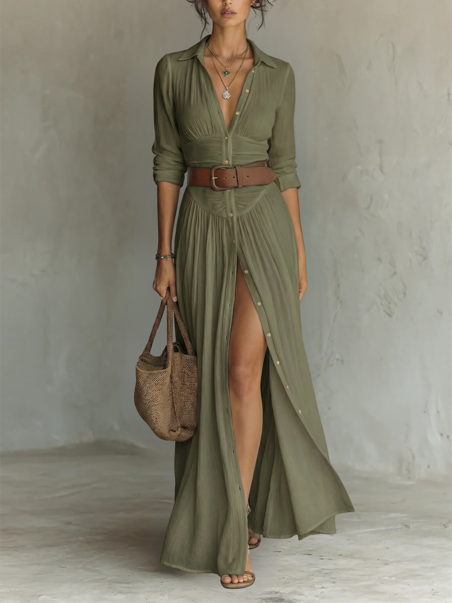 Long Sleeve Linen Maxi Dress with Notched Collar