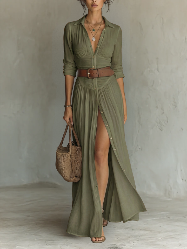 Long Sleeve Linen Maxi Dress with Notched Collar