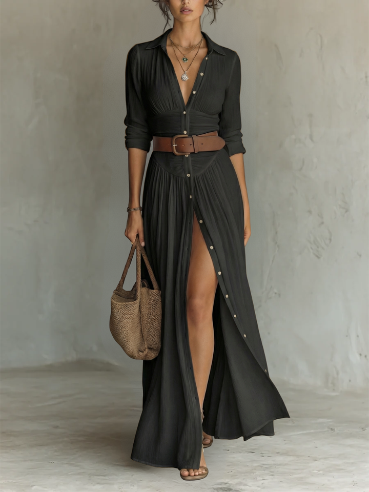 Long Sleeve Linen Maxi Dress with Notched Collar