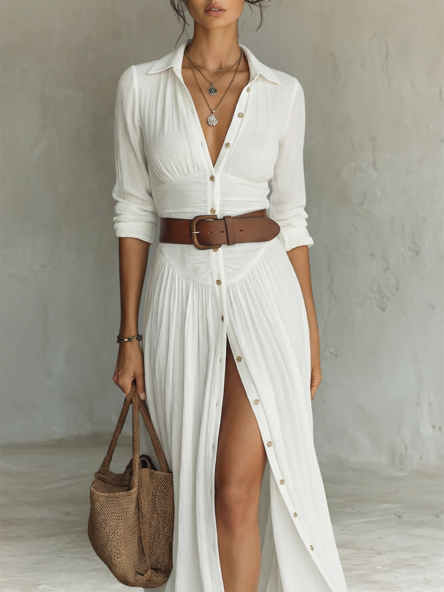 Maxi Dress with Pleated White Linen Design