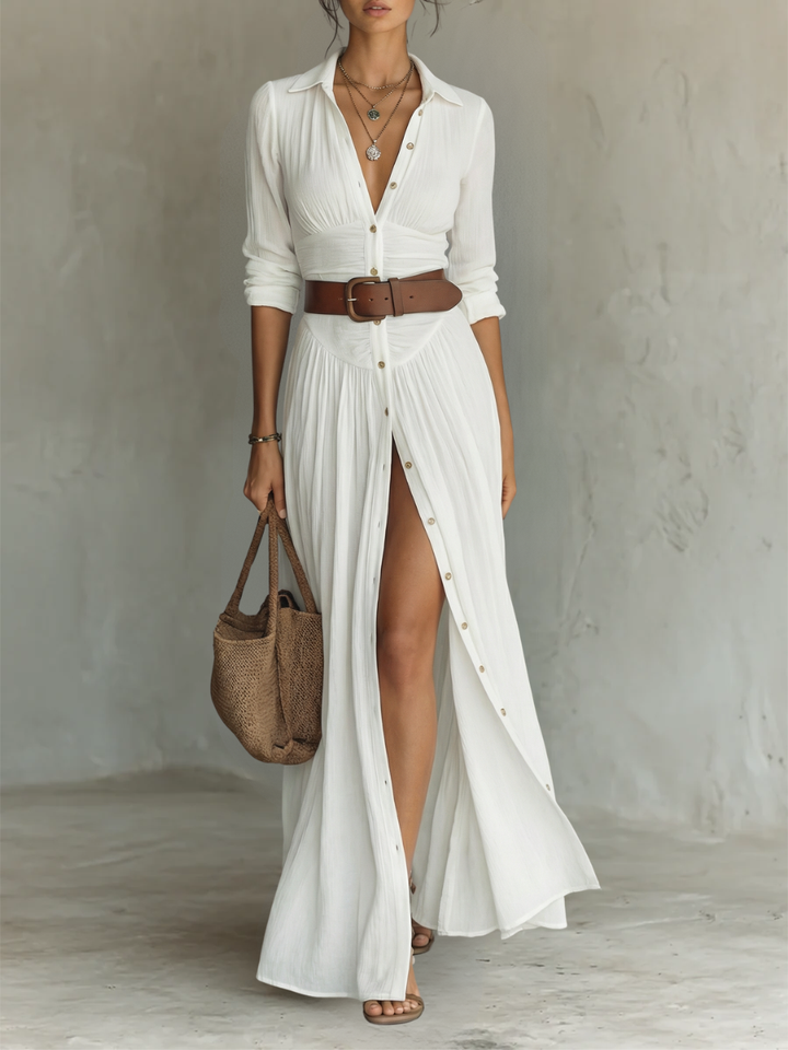 Maxi Dress with Pleated White Linen Design