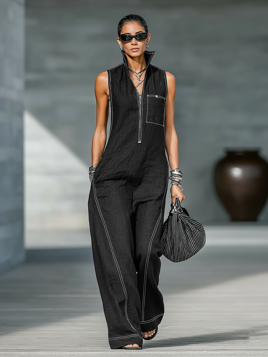 White-Hemmed Sleeveless Overalls