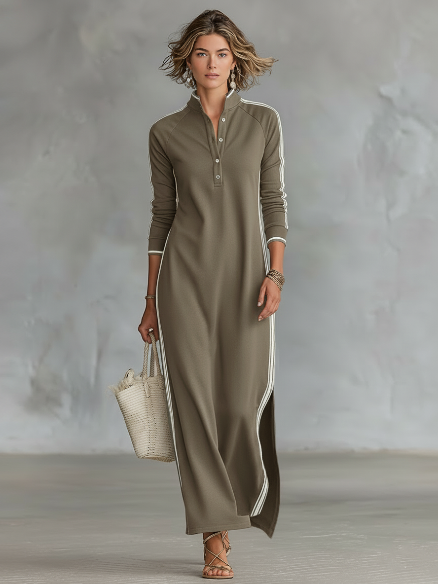 Button-Collared Maxi Dress in Sweat Fabric