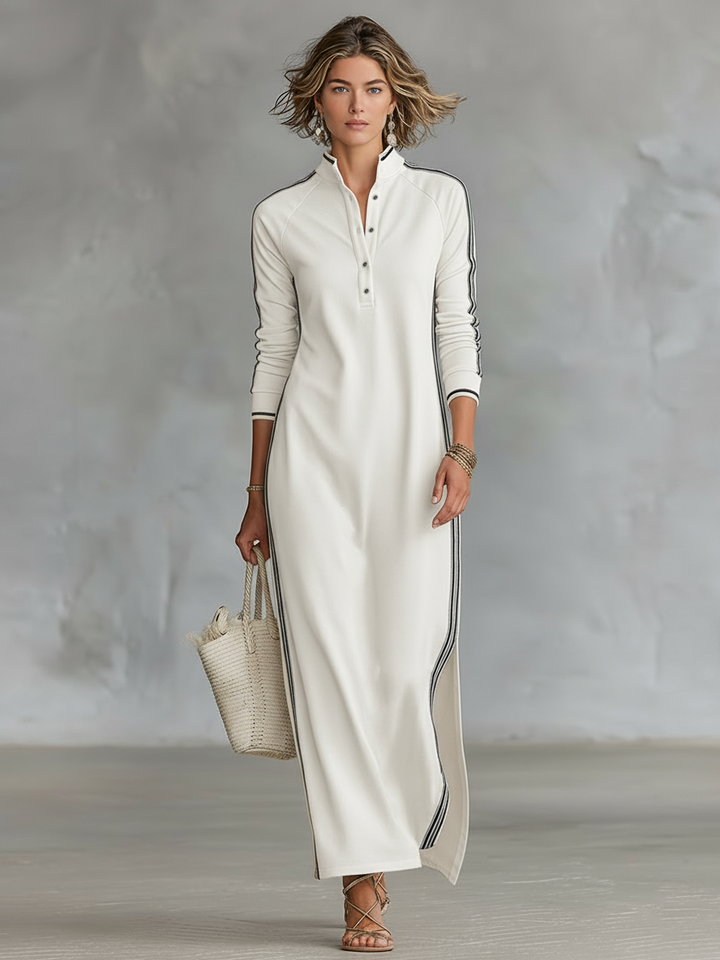 Button-Collared Maxi Dress in Sweat Fabric