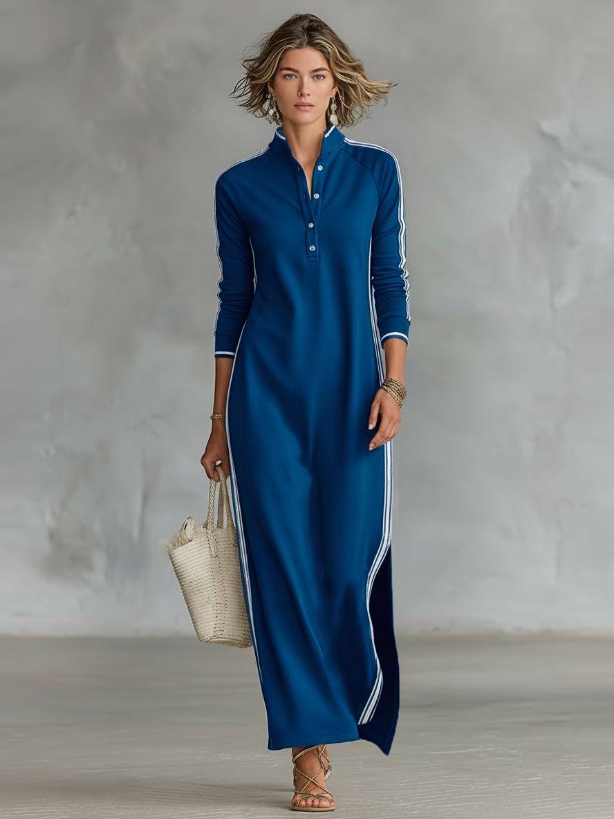 Button-Collared Maxi Dress in Sweat Fabric