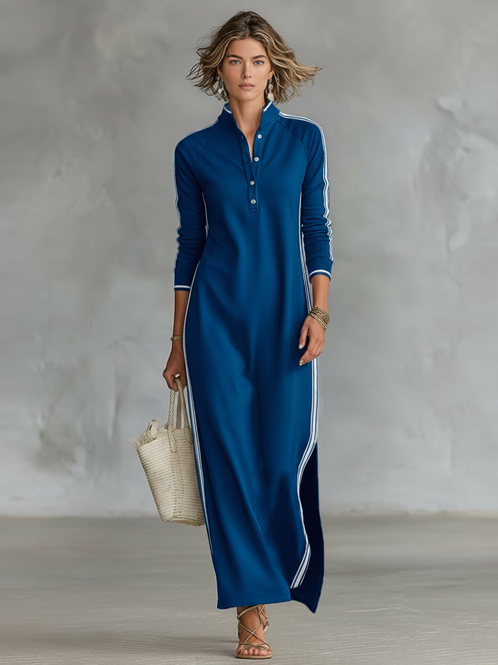 Button-Collared Maxi Dress in Sweat Fabric