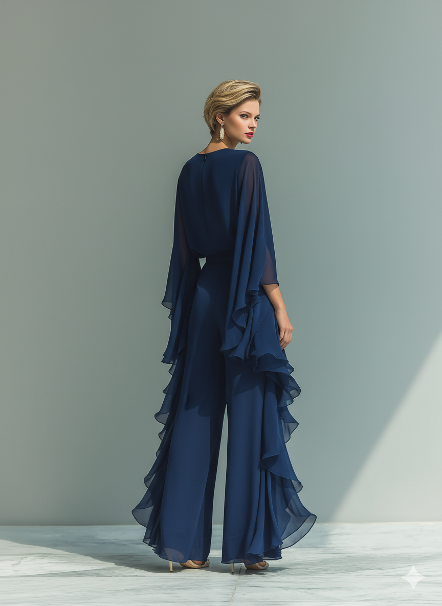 Navy Blue Ruffled Chiffon Ensemble