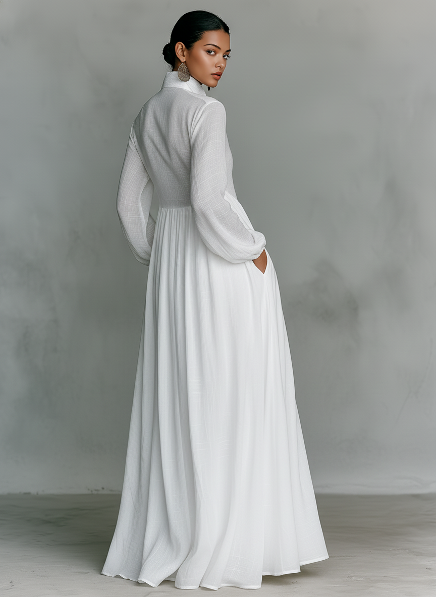 Stand Collar Patchwork Linen Maxi Dress