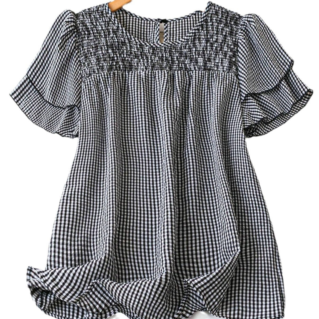 Kristel Vintage Flowy Checkered Puff Sleeve Blouse | Timeless Retro Top