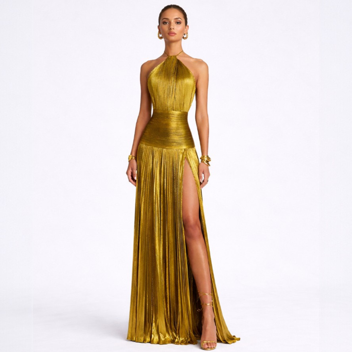 Emma | Metallic Halter Dress with Open Back Design
