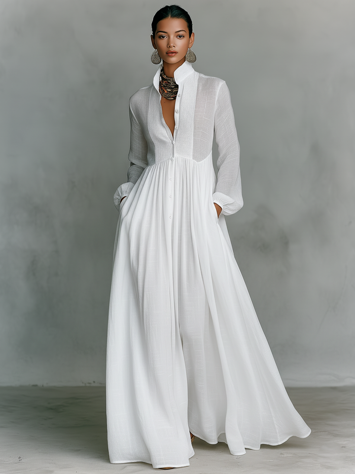 Stand Collar Patchwork Linen Maxi Dress