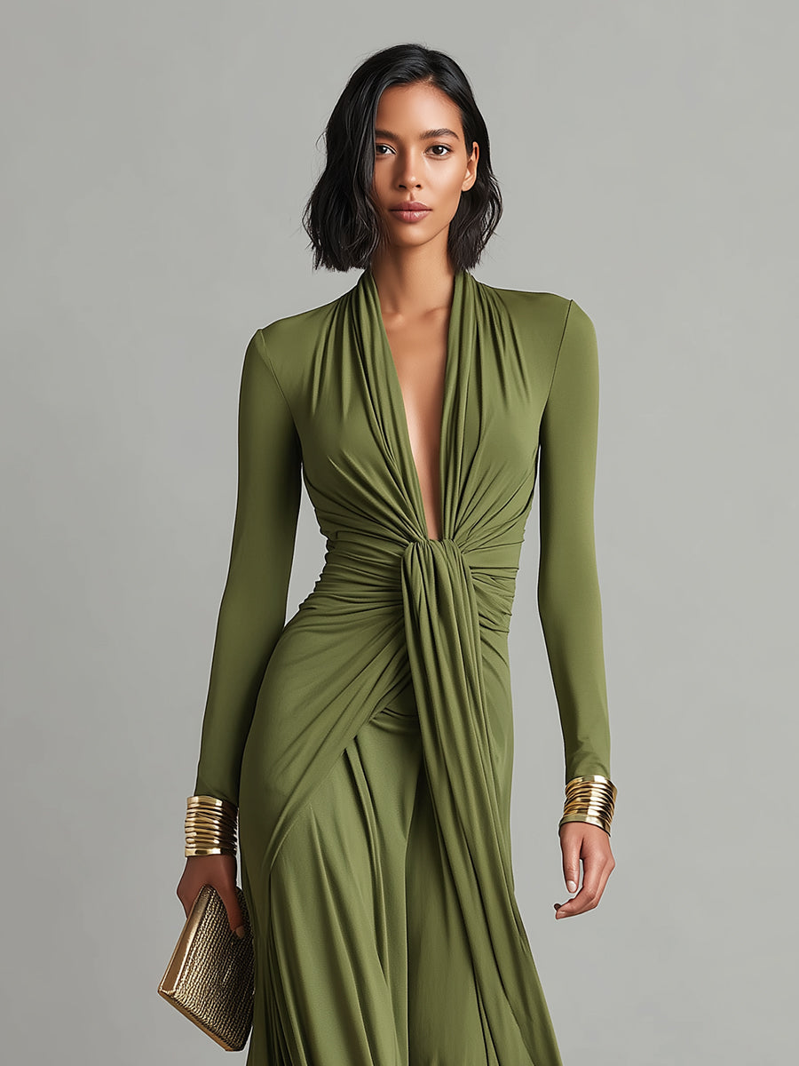 V-Neck Olive Silk Maxi Dress