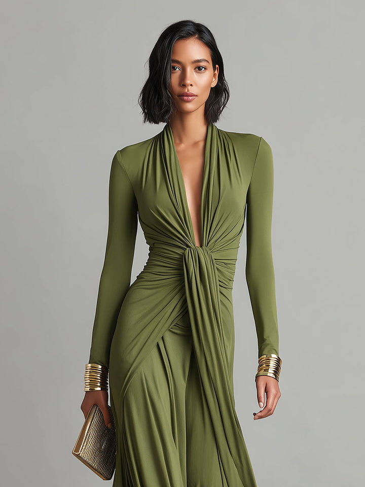 V-Neck Olive Silk Maxi Dress