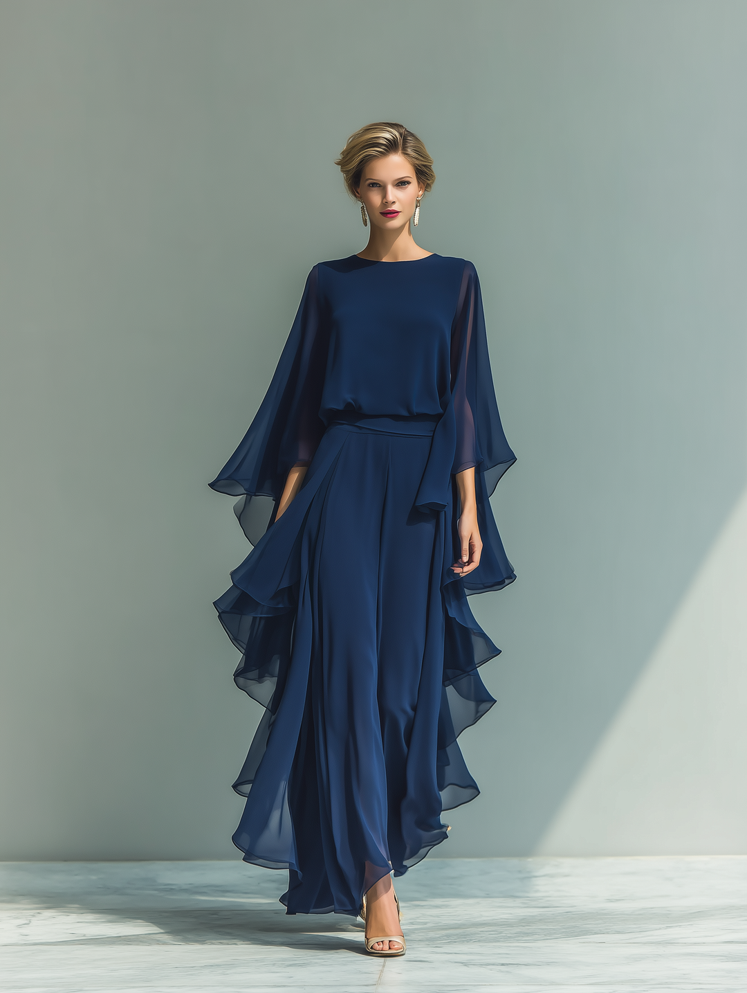 Navy Blue Ruffled Chiffon Ensemble