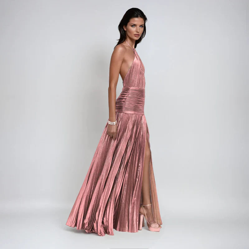 Emma | Metallic Halter Dress with Open Back