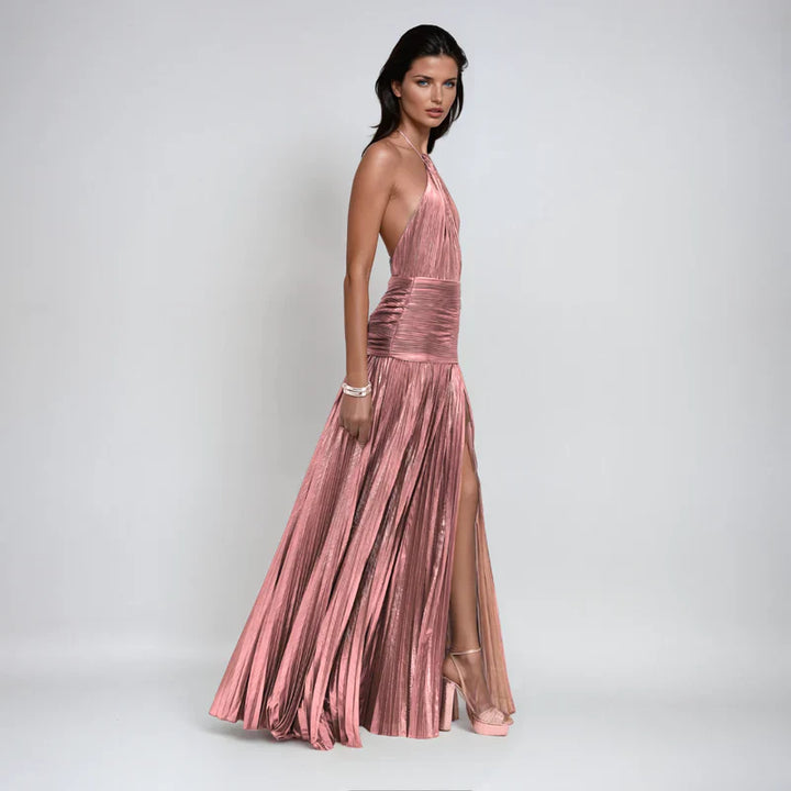 Emma | Metallic Halter Dress with Open Back Design
