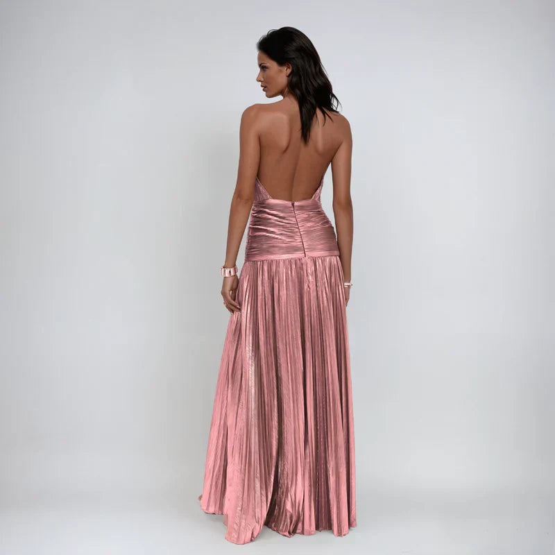 Emma | Metallic Halter Dress with Open Back Design